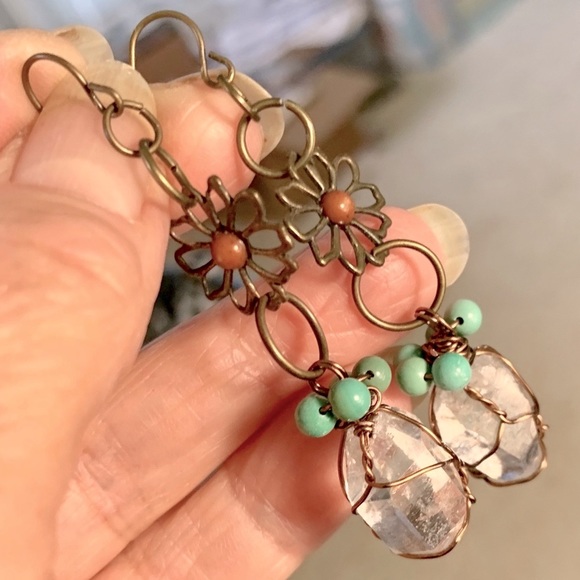 Quartz & Turquoise Brass Flower Earrings - Picture 3 of 13